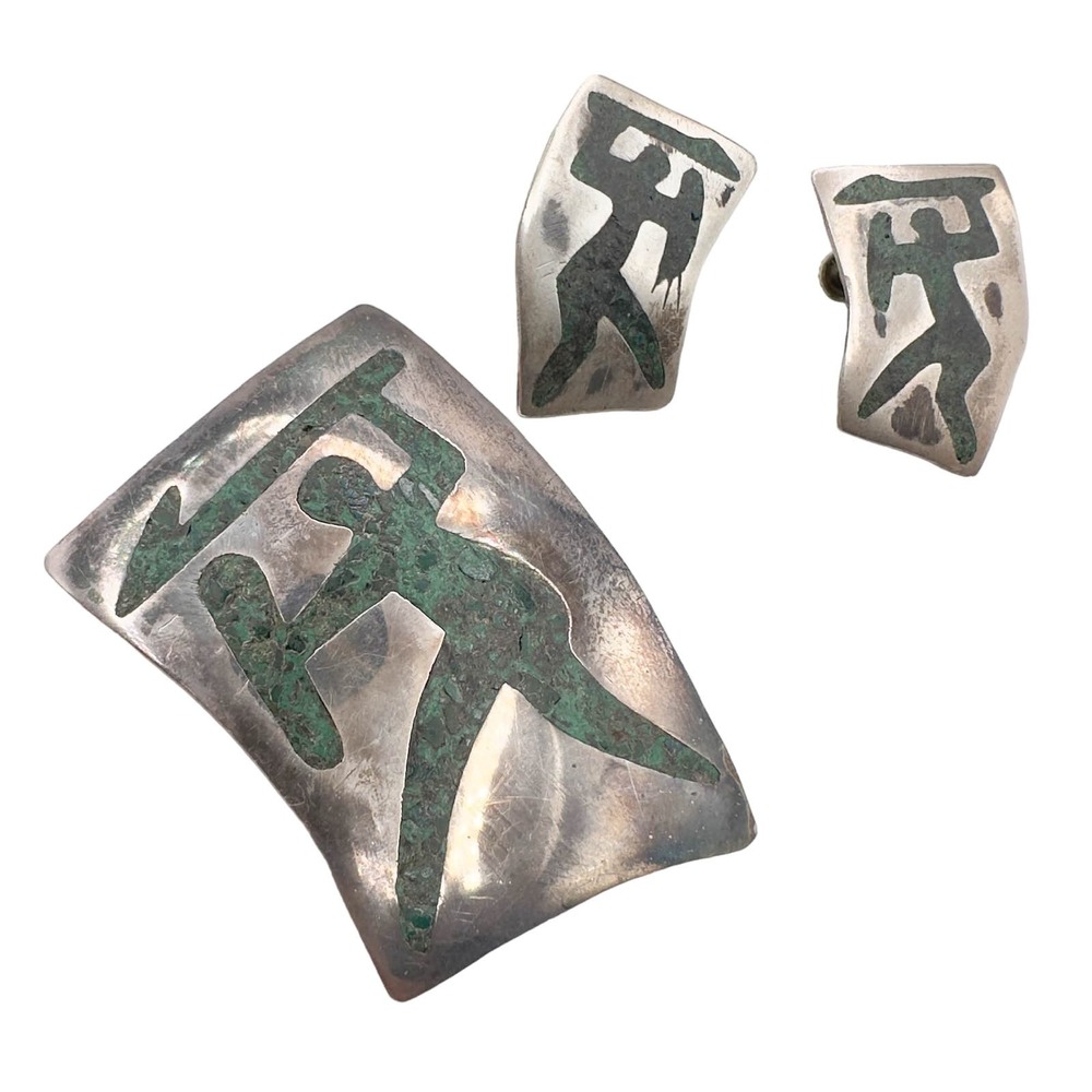 Taxco Sterling Silver Inlaid Crushed Turquoise Warrior Brooch/Pendant w Earrings